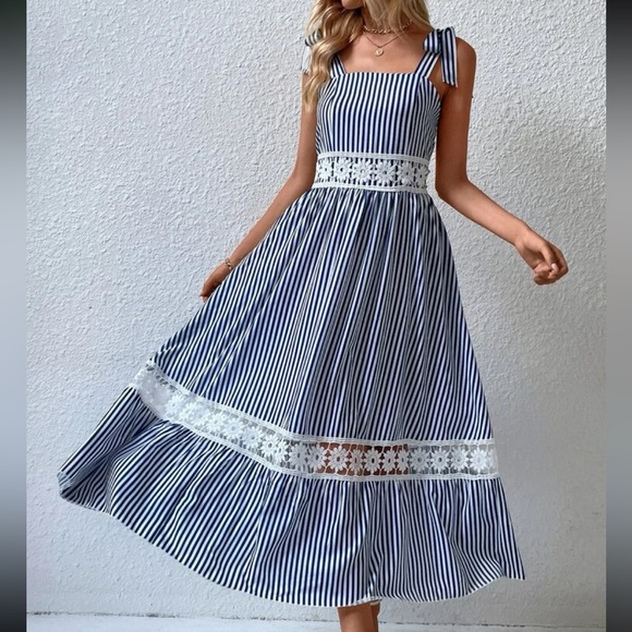 Boho Stripes Floral Lace Strap Tie Shoulder Cami Maxi Dress - Picture 10 of 12